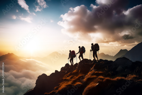 Group of people hiking up mountain with backpacks on top of it. Generative AI. © Yuliia