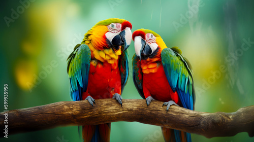 Two colorful parrots sitting on tree branch with green and yellow background. Generative AI.