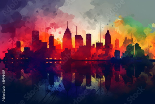 Image of cityscape with colorful sky in the background. Generative AI.