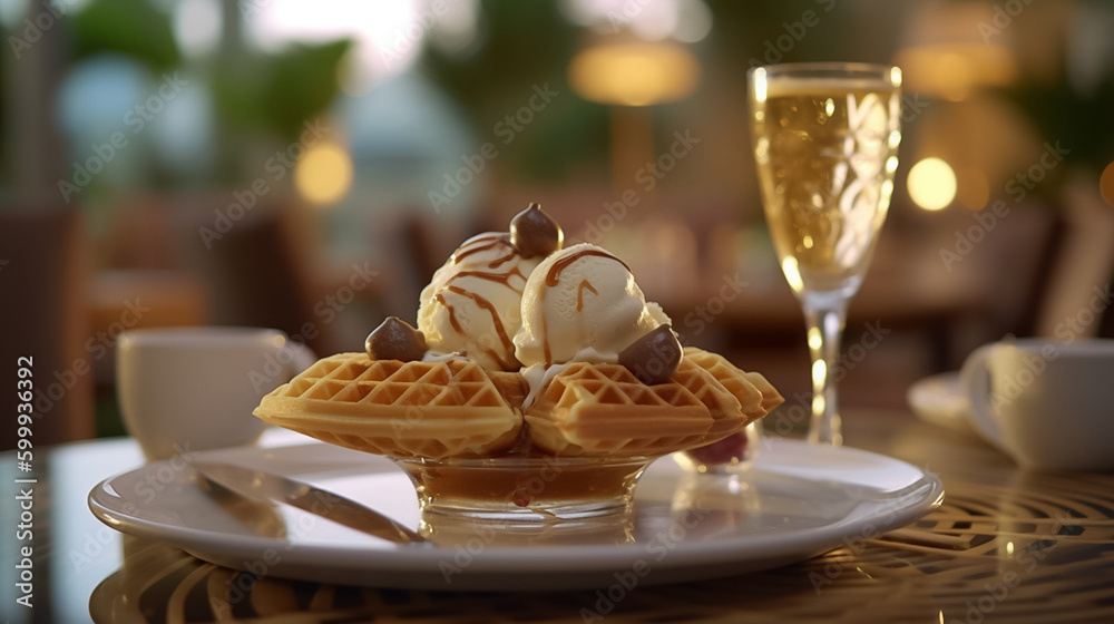 Close up of waffle with ice creams and mixed berries, copy space , concept for breakfast or dessert, blur background kitchen morning light. Generative AI