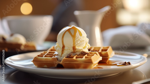Close up of waffle with ice creams and mixed berries, copy space , concept for breakfast or dessert, blur background kitchen morning light. Generative AI