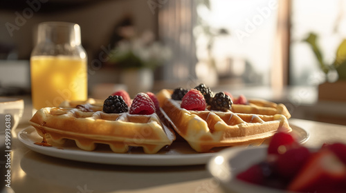 Close up of waffle with ice creams and mixed berries, copy space , concept for breakfast or dessert, blur background kitchen morning light. Generative AI