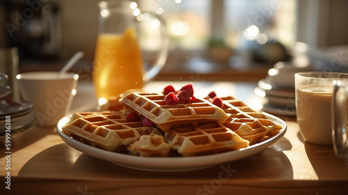 Close up of waffle with ice creams and mixed berries, copy space , concept for breakfast or dessert, blur background kitchen morning light. Generative AI