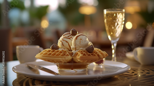 Close up of waffle with ice creams and mixed berries, copy space , concept for breakfast or dessert, blur background kitchen morning light. Generative AI