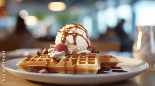 Close up of waffle with ice creams and mixed berries, copy space , concept for breakfast or dessert, blur background kitchen morning light. Generative AI