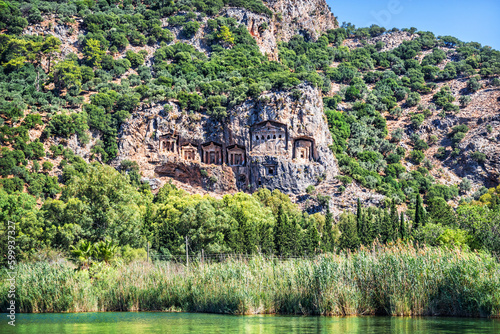 Lycian tombs in the rocks, Dalyan river, Mediterranean Sea, Marmaris, Turkey