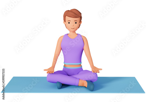3d woman character sitting in lotus pose and doing yoga exercise on mat. Young woman doing relaxing yoga meditation exercise on mat 3d illustration