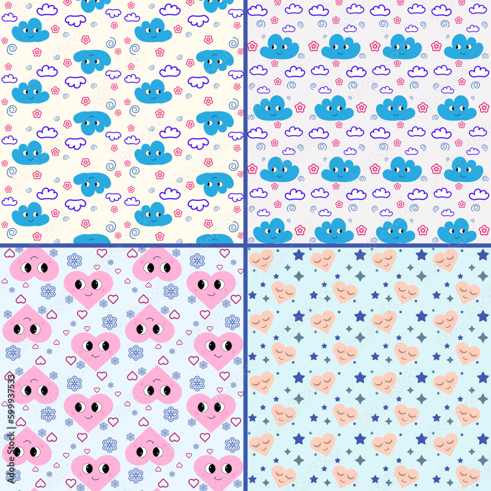 Set of seamless patterns for kids with happy smiling hearts and clouds in pastel colors. Childish style vector illustrations.