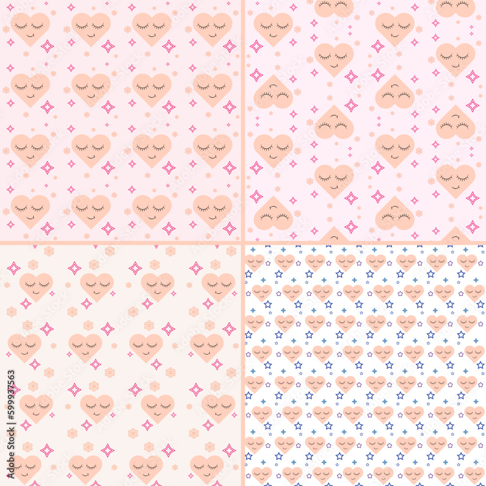 Set of seamless patterns in soft pastel colors. Good night set of vector illustrations with sleeping smiling hearts.