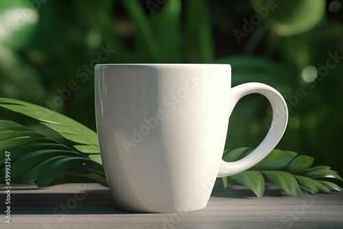 A white coffee mug sits on a wooden table in front of a green plant. Genarative ai