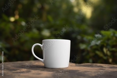 A white coffee mug sits on a wooden table in front of a green plant. Genarative ai