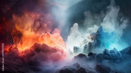 Electric Showdown: This electrifying background features two opposing forces in a high-stakes duel. The left side is shrouded in a dense plume of smoke, illuminated by a network of crackling.