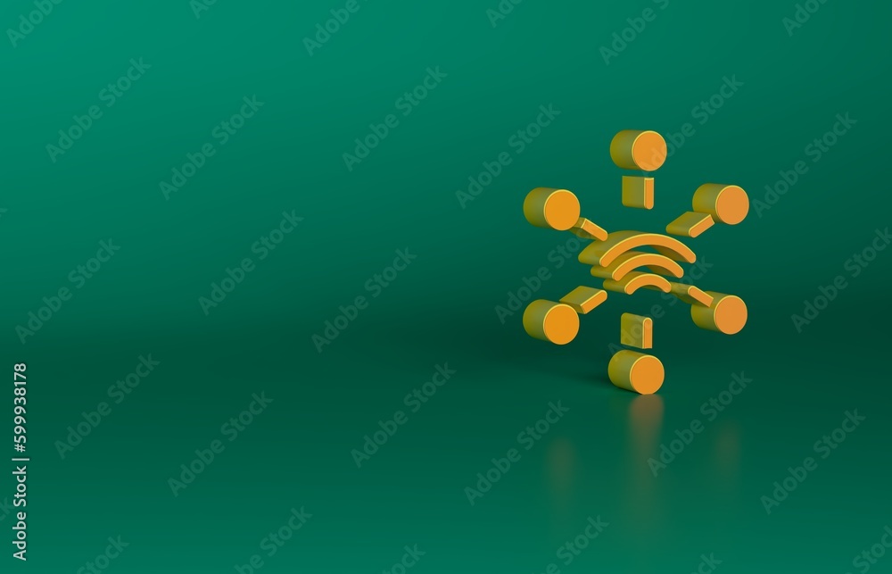 Orange Network icon isolated on green background. Global network connection. Global technology or social network. Connecting dots and lines. Minimalism concept. 3D render illustration