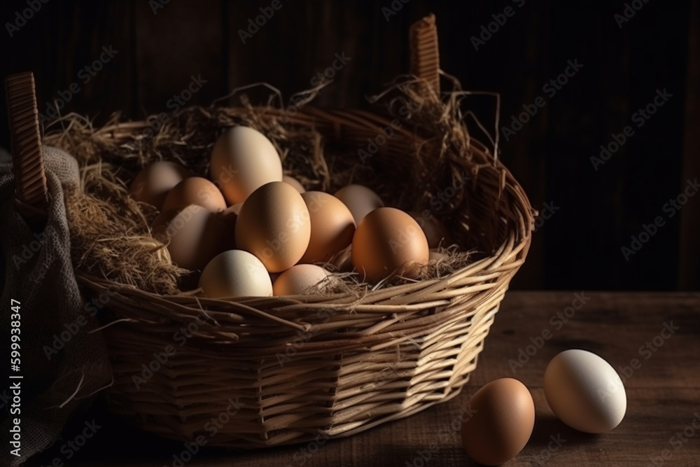 A wooden basket filled with eggs. Wood texture, background Generative AI A wooden basket filled with eggs. Wood texture, background Generative AI
