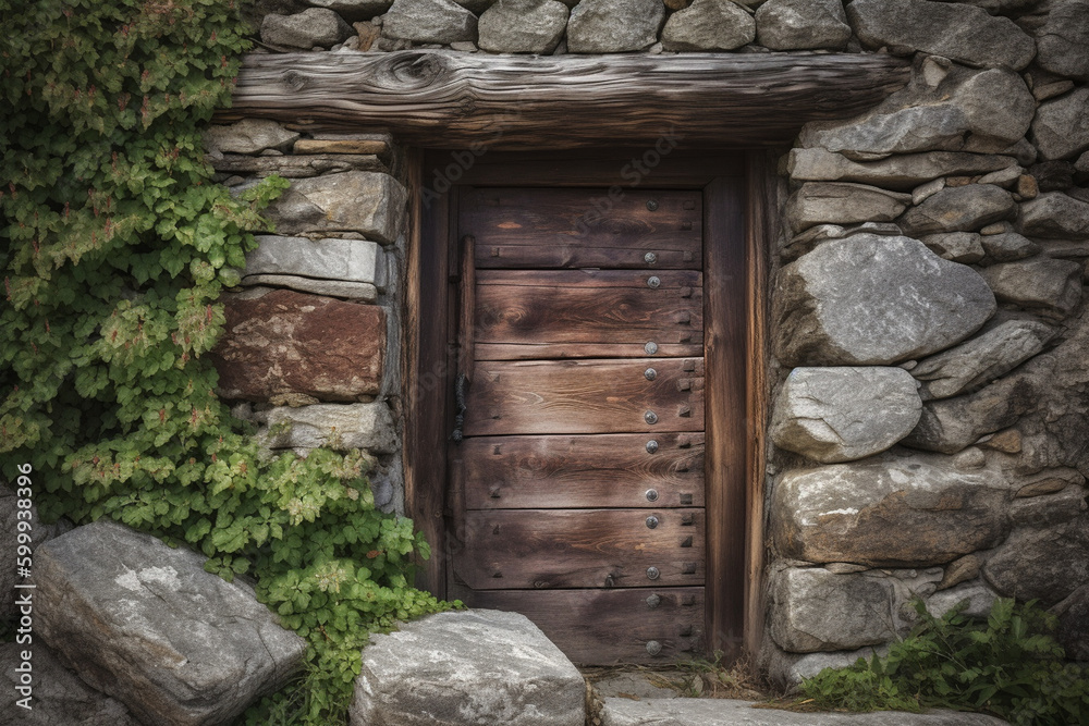 A wooden door in a stone wall. Wood texture, background Generative AI A wooden door in a stone wall. Wood texture, background Generative AI
