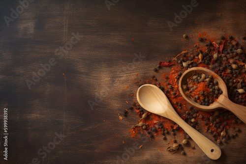 A wooden spoon and spices. Wood texture, background Generative AI