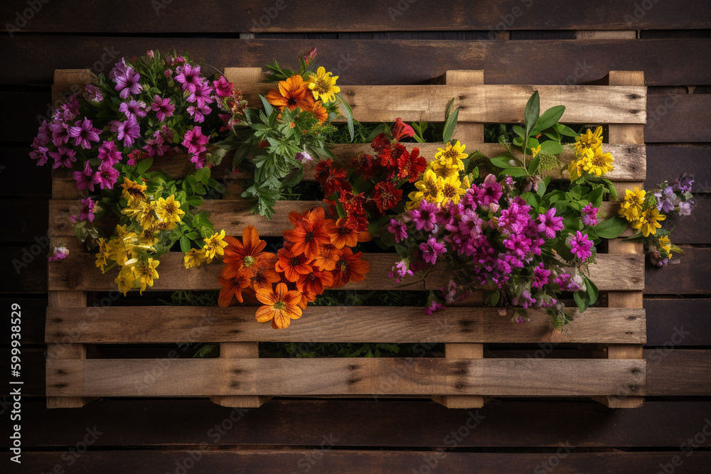 Naklejka premium A wooden pallet filled with flowers. Wood texture, background Generative AI