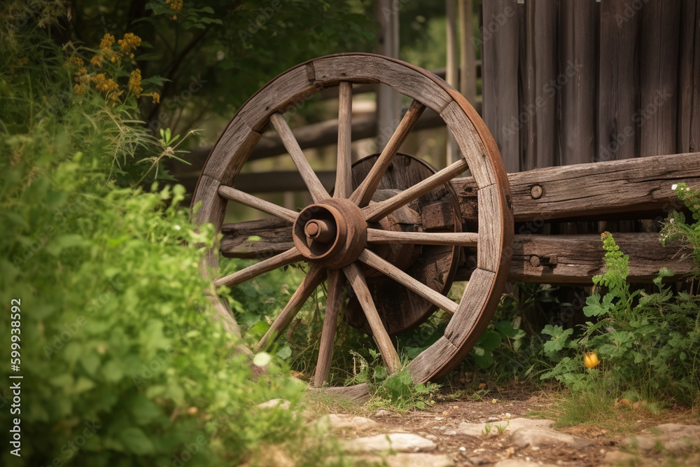 A wooden wagon wheel leaning against a fence. Wood texture, background Generative AI