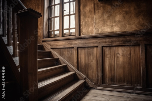A wooden staircase in an old building. Wood texture, background Generative AI