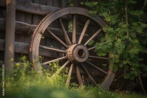 A wooden wagon wheel leaning against a fence. Wood texture, background Generative AI