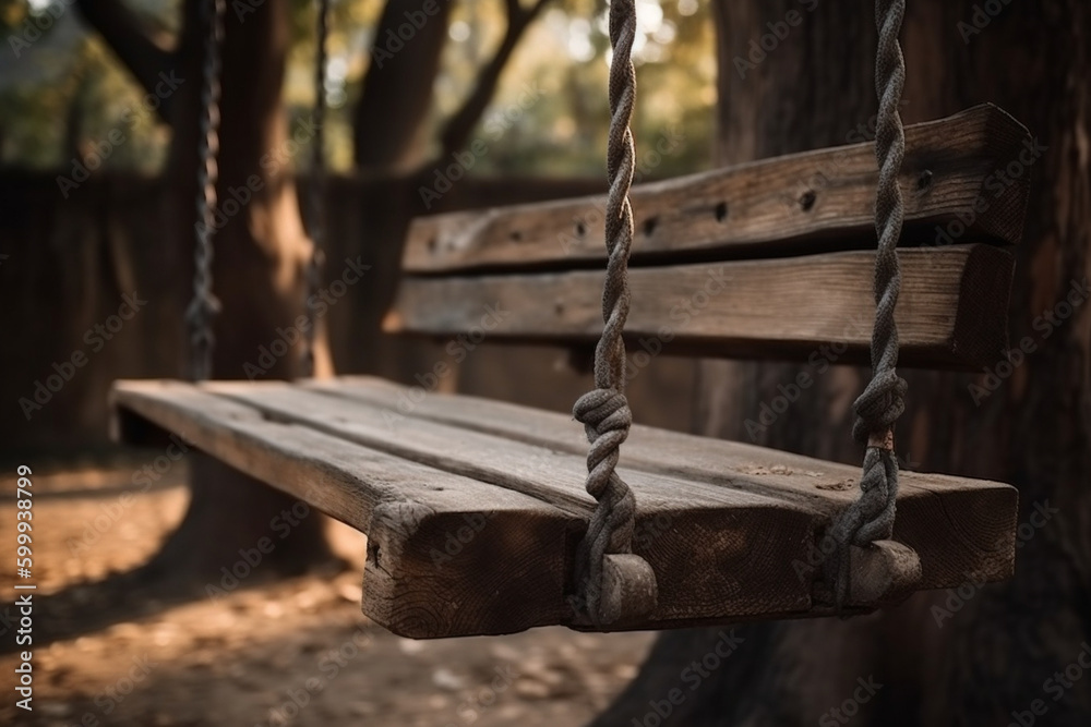 A wooden swing hanging from a tree. Wood texture, background Generative AI A wooden swing hanging from a tree. Wood texture, background Generative AI