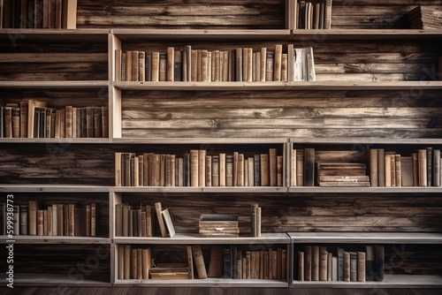 A wooden shelf filled with books. Wood texture, background Generative AI