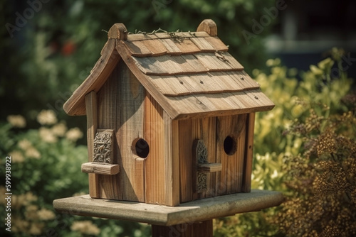 A wooden birdhouse in a garden. Wood texture, background Generative AI