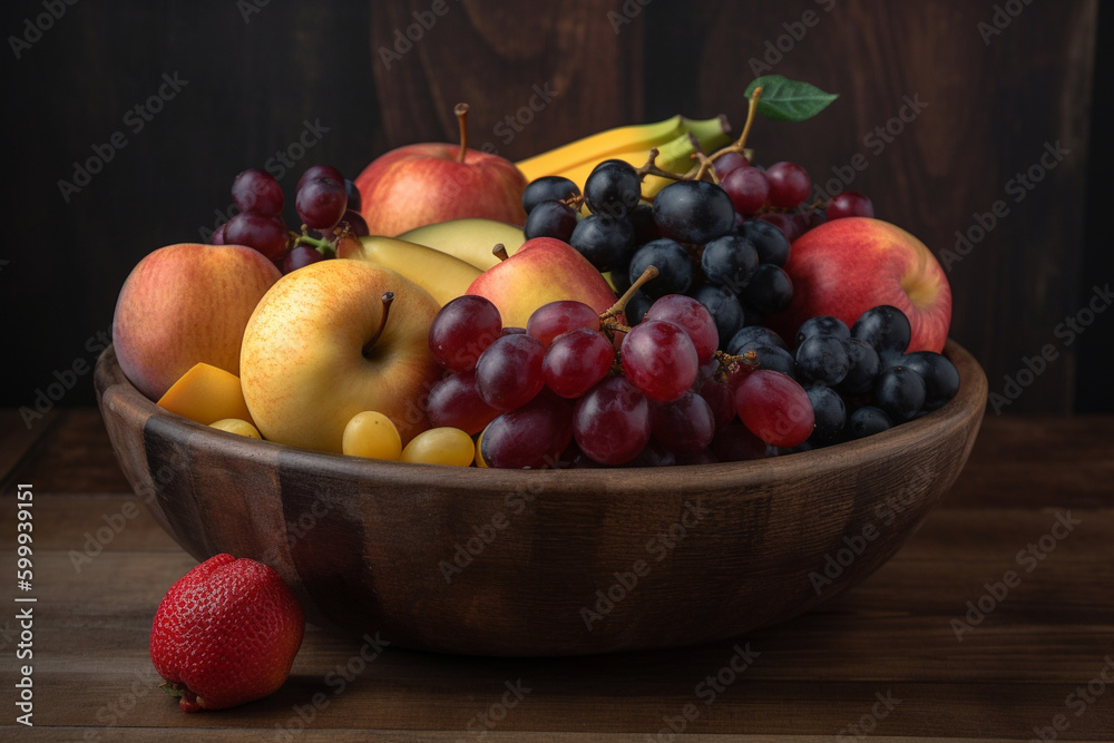 A wooden bowl filled with colorful fruit. Wood texture, background Generative AI A wooden bowl filled with colorful fruit. Wood texture, background Generative AI