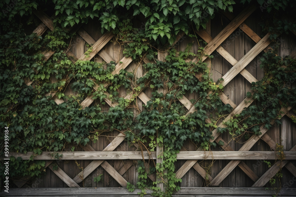 A wooden trellis covered in climbing plants. Wood texture, background Generative AI