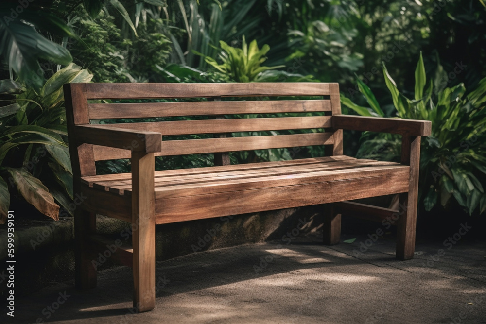 A wooden bench in a garden. Wood texture, background Generative AI