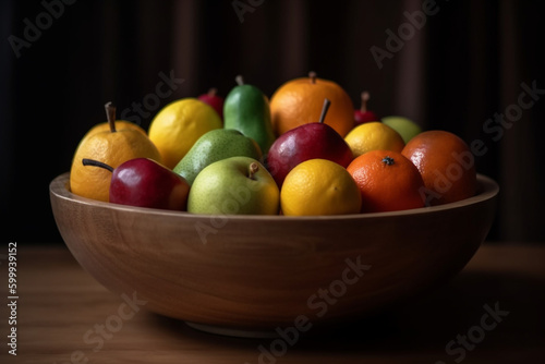 A wooden bowl filled with colorful fruit. Wood texture  background Generative AI