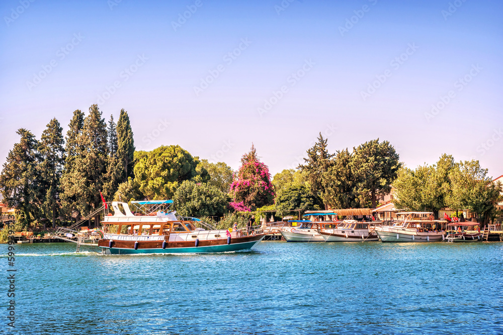 Φωτογραφία Ships at the pier, Lycian tombs in the rocks, Dalyan river, Mediterranean Sea, M
