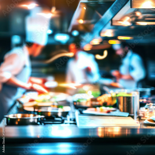 Professional restaurant kitchen with chefs cooking delicious food, generative ai