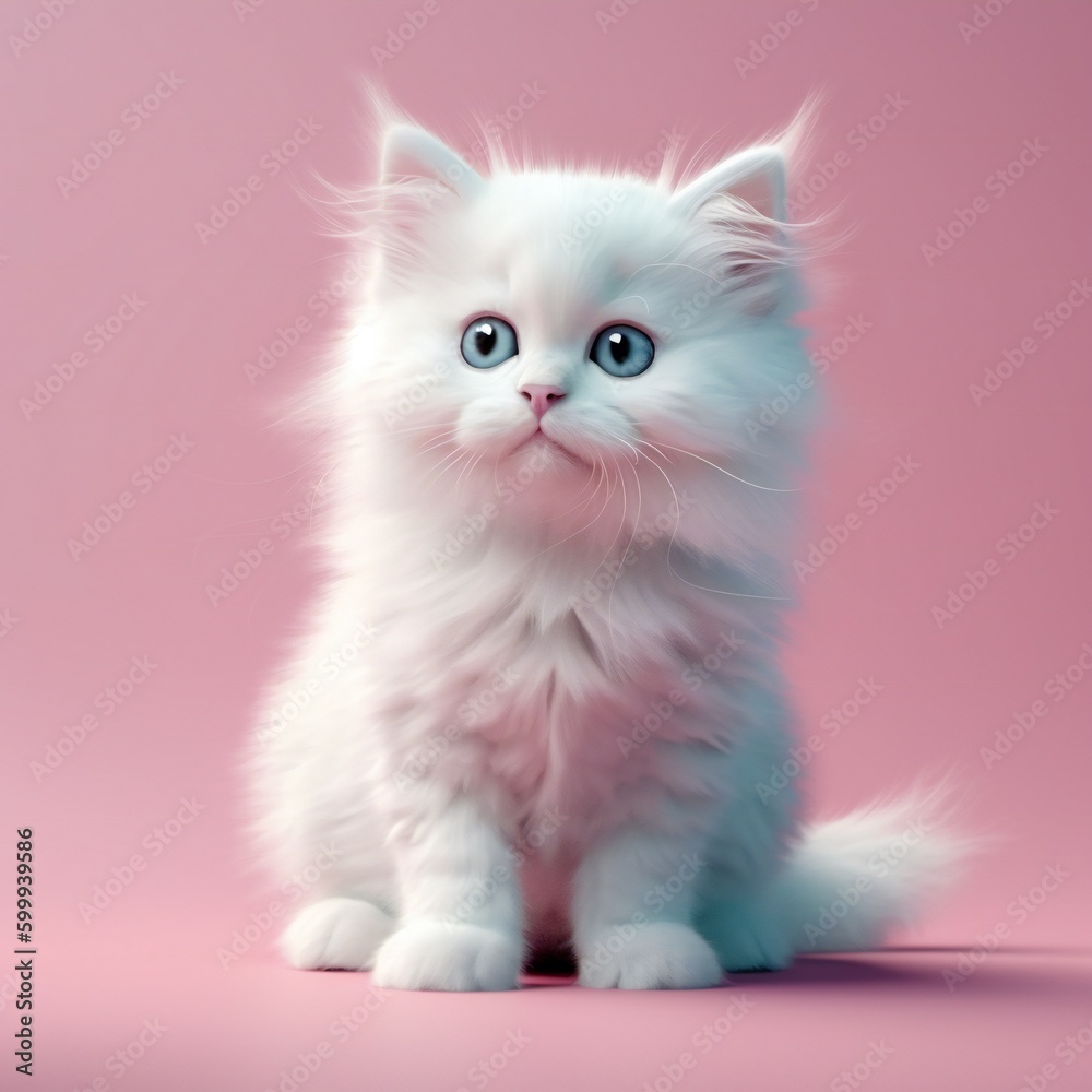 Cute White Kitten Posing in Bright Pink Background