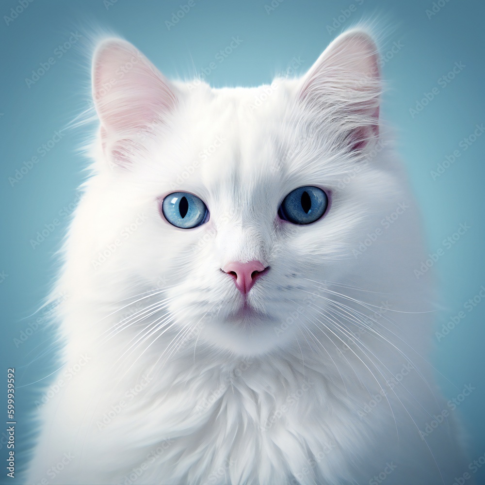 Cute White Kitten Posing in Bright Blue Background