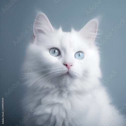 Cute White Kitten Posing in Bright Blue Background