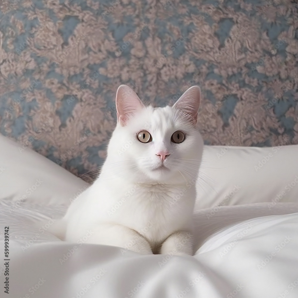 Cute White Kitten Laying on the Bed 