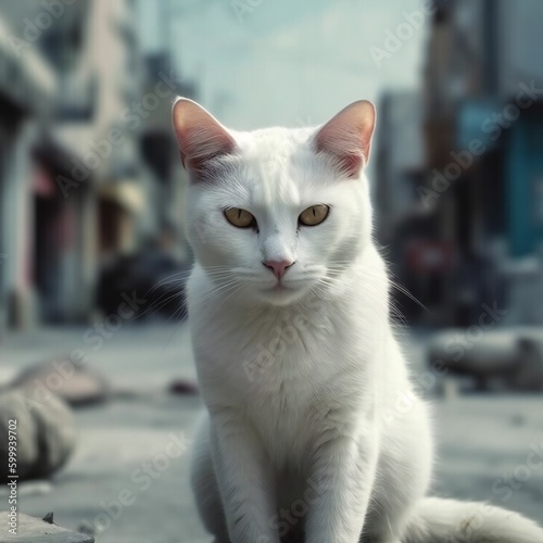 White Cat Sitting the City Street © Platon