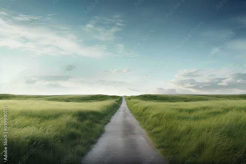 The landscape of grass fields and blue sky road leading off into the distance. Generative Ai. The landscape of grass fields and blue sky road leading off into the distance. Generative Ai.