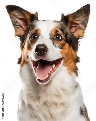 Australian Shepherd dog head portrait, happy excited, isolated background. Generative Ai. © FP Creative Stock