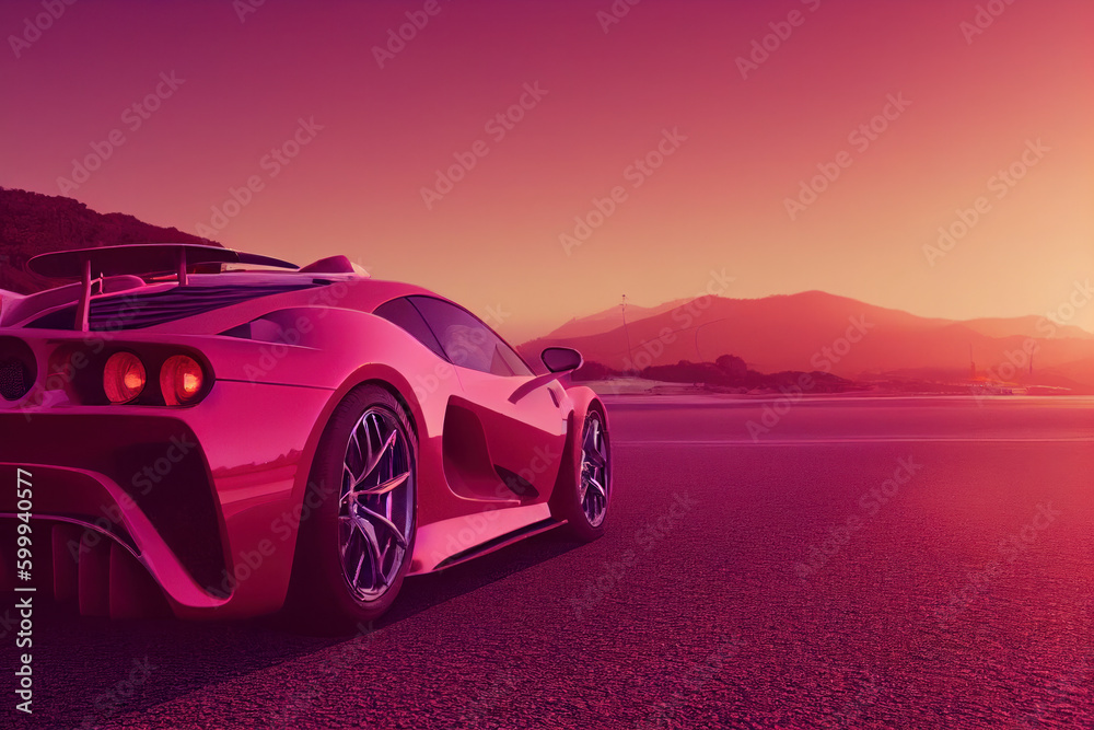 Naklejka premium Red exotic sports car in California at the beach at sunset, generative AI