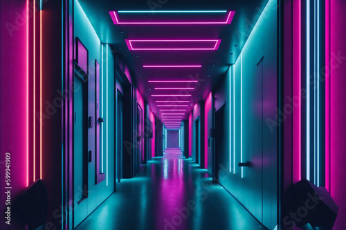 Neon lights in a dark hallway, with dark neon background for a empty room made with Ai generated