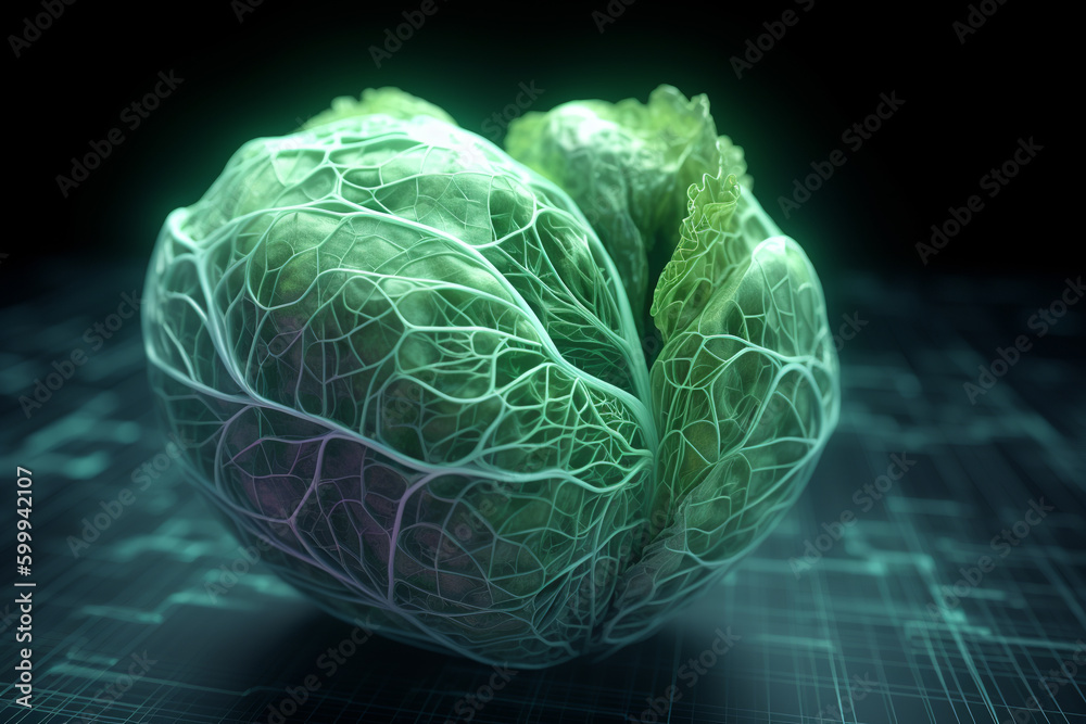 Obraz premium Cabbage shaped like heart on futuristic background love for healthy lifestyle concept. Generative AI