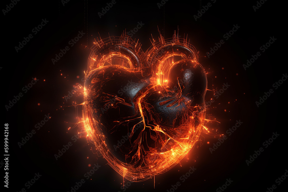 A fiery 3D heart on a high-tech background, perfect for a hot Valentine's Day concept. Generative AI