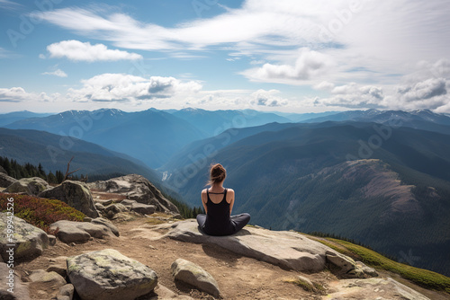 Yoga and nature connection at rocky outcropping overlooking a valley. Generative AI