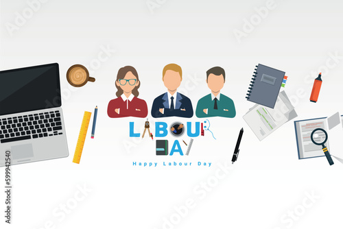 Labour day design business concept in line flat style. International solidarity of workers. Vector illustration. Copy space.