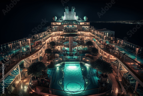 A panoramic aerial view of a cruise ship at night, featuring smart services. Generative AI