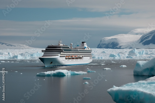 Majestic cruise ship in the Arctic surrounded by stunning glaciers and icebergs. Generative AI © yarohork