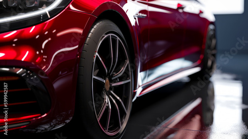 Close up of red sports car's wheels and rims. Generative AI.
