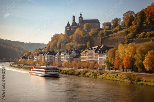 Cruise along the river with charming European towns in view. Generative AI